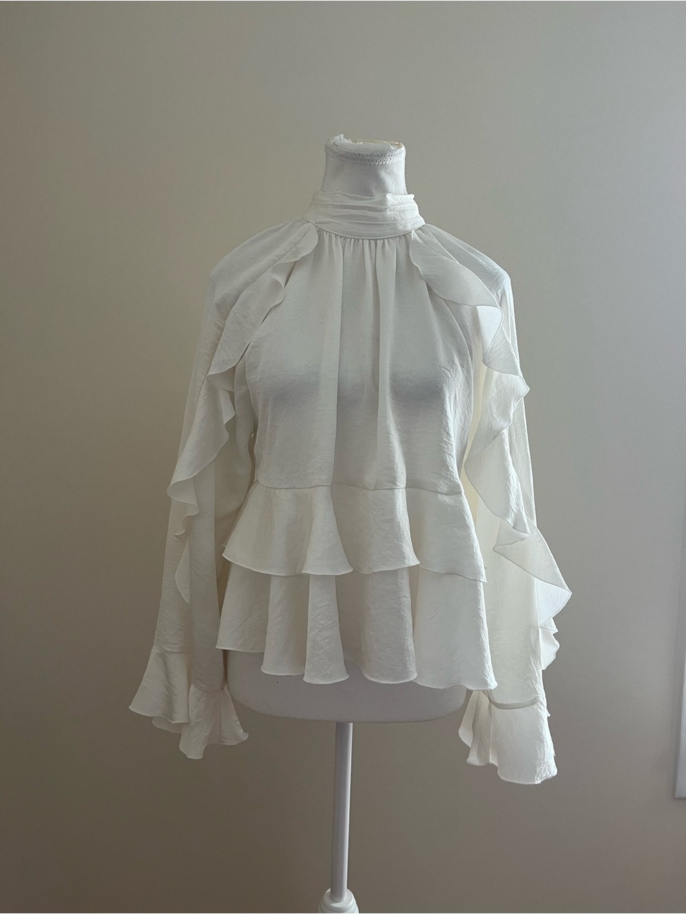Zara Cream High-Neck Ruffle Tiered Blouse